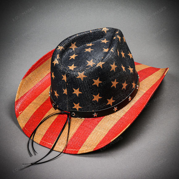 Cowboy USA Flag Curved Brim Party Hat - Blue Red - Picture 8 of 10